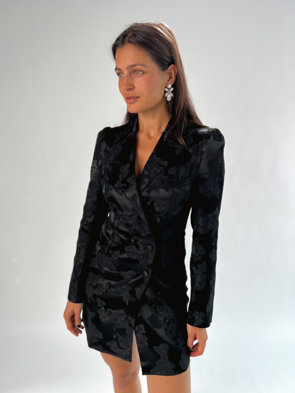 Silk Jacquard Blazer Dress - Black  - Image 1