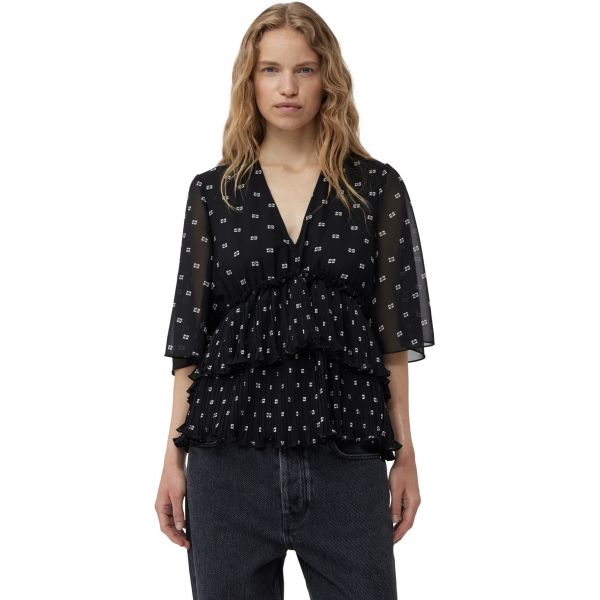 Pleated Georgette V-neck Flounce Blouse