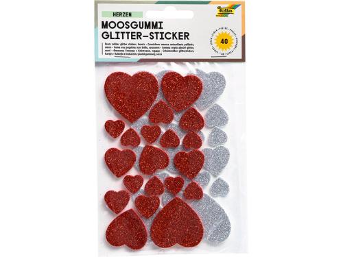 Folia Klistremerker Mosgummi Glitter – Hjerter rød/sølv