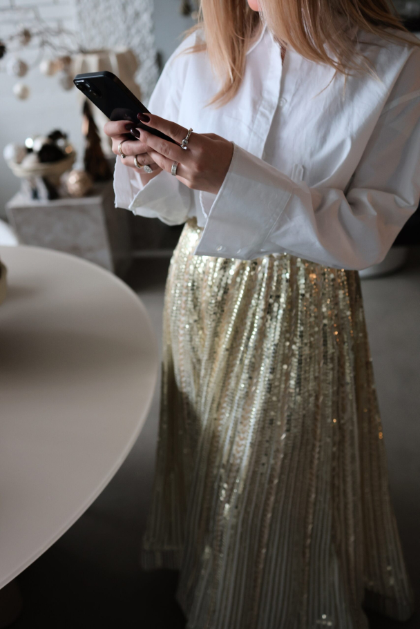 Long Sequin Skirt - Offwhite & Gold - Image 2