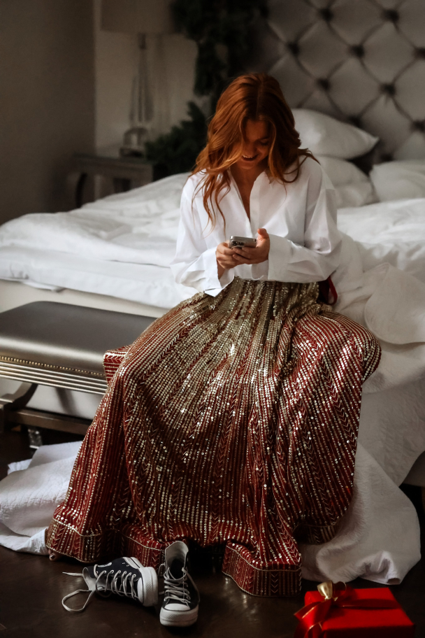 Long Sequin Skirt - Red & Gold - Image 2