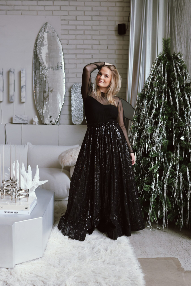 Long Sequin Skirt - Black & Black - Image 2