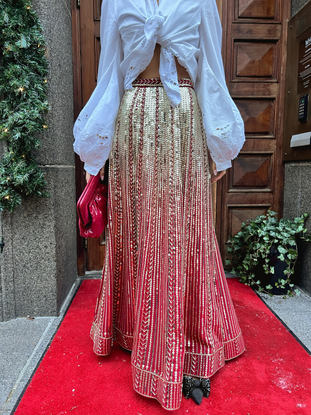 Long Sequin Skirt - Red & Gold - Image 1