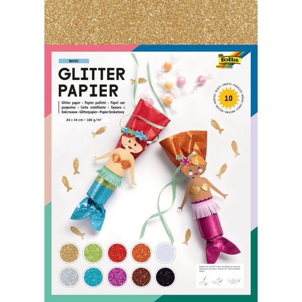 Folia Glitterpapir 24x34cm 10ark – Ass. Farger