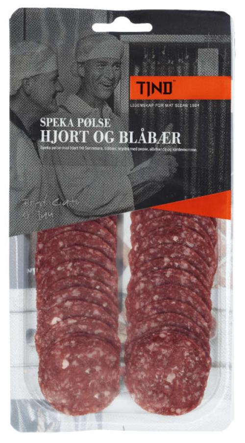 Hjortepølse med blåbær, skivet  80g Tind