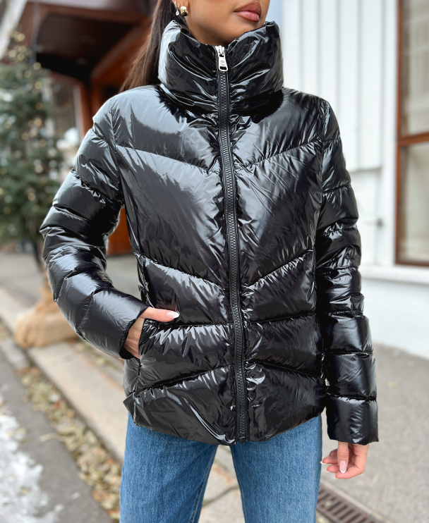 Ladies Down Jacket - Shiny Black - Image 1
