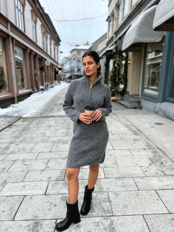 Sia Ras Zipper Knit Dress - Medium Grey Melange - Image 3