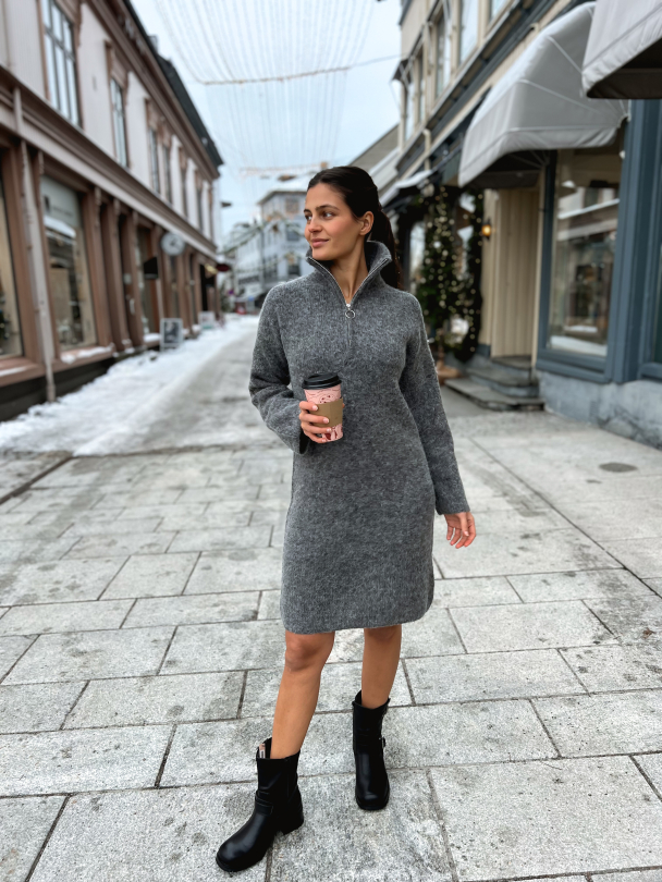 Sia Ras Zipper Knit Dress - Medium Grey Melange - Image 4