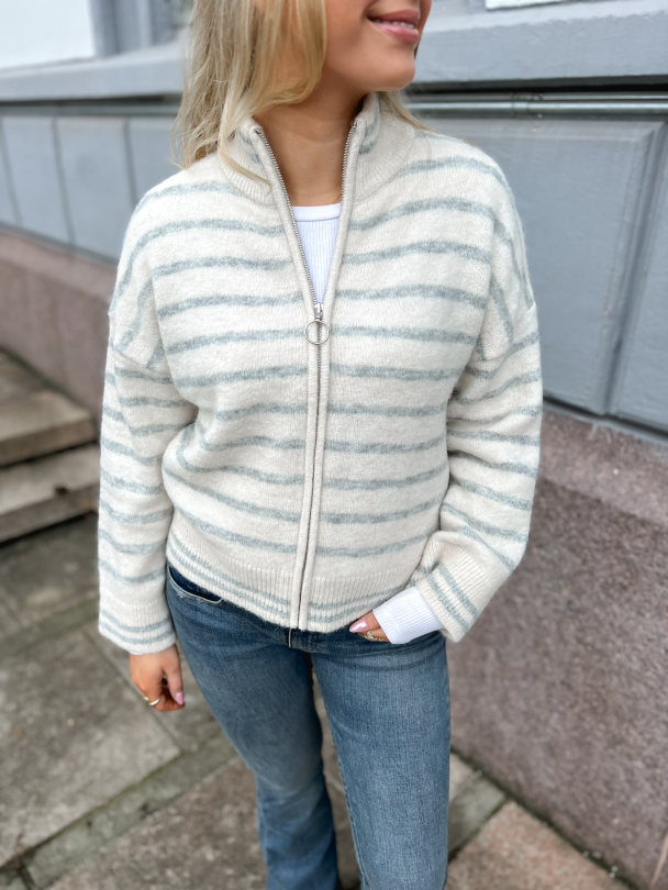 Sia Ras Stripe Knit Cardigan - Brich/Light Grey - Image 1