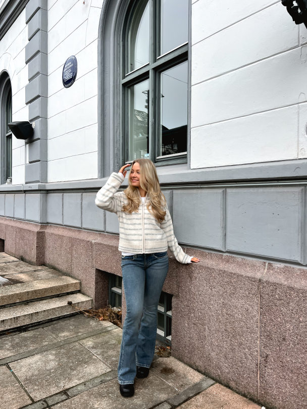 Sia Ras Stripe Knit Cardigan - Brich/Light Grey - Image 4