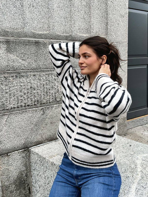 Sia Ras Stripe Knit Cardigan - Brich/Dark Sapphire  - Image 1