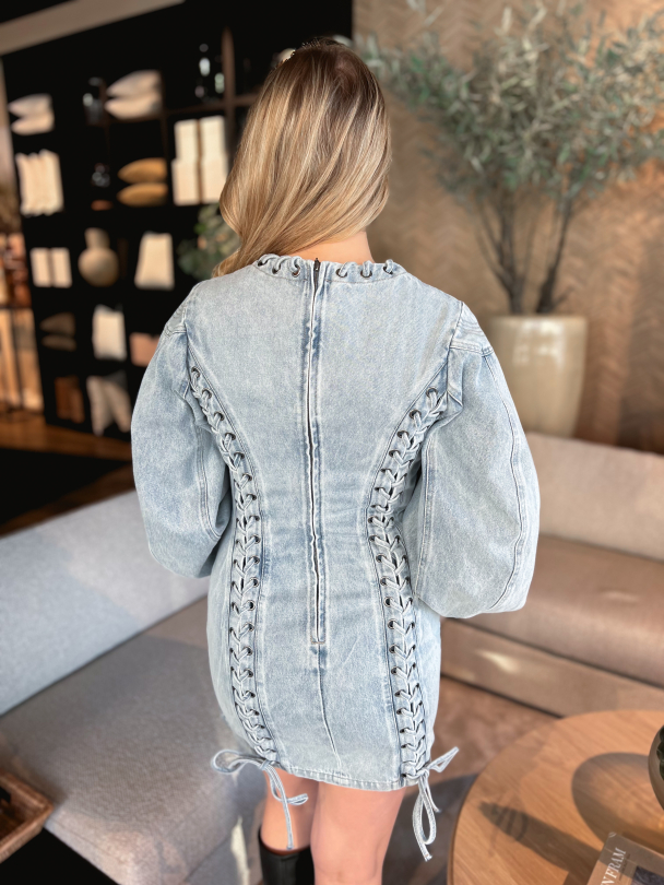 Denim Laced Mini Dress - Light Blue Denim - Image 3