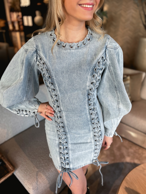 Denim Laced Mini Dress - Light Blue Denim - Image 1