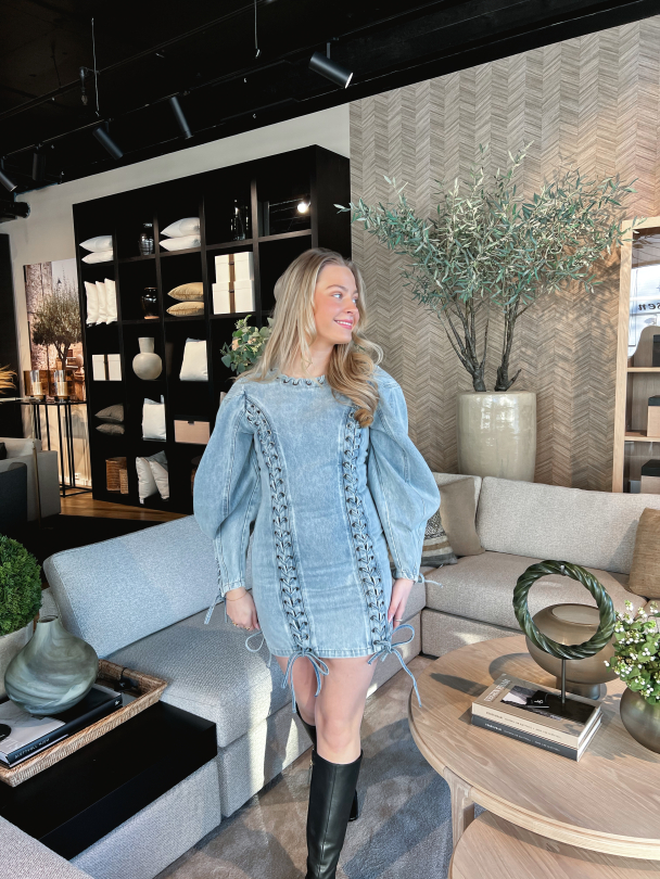 Denim Laced Mini Dress - Light Blue Denim - Image 4