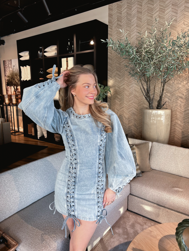 Denim Laced Mini Dress - Light Blue Denim - Image 5