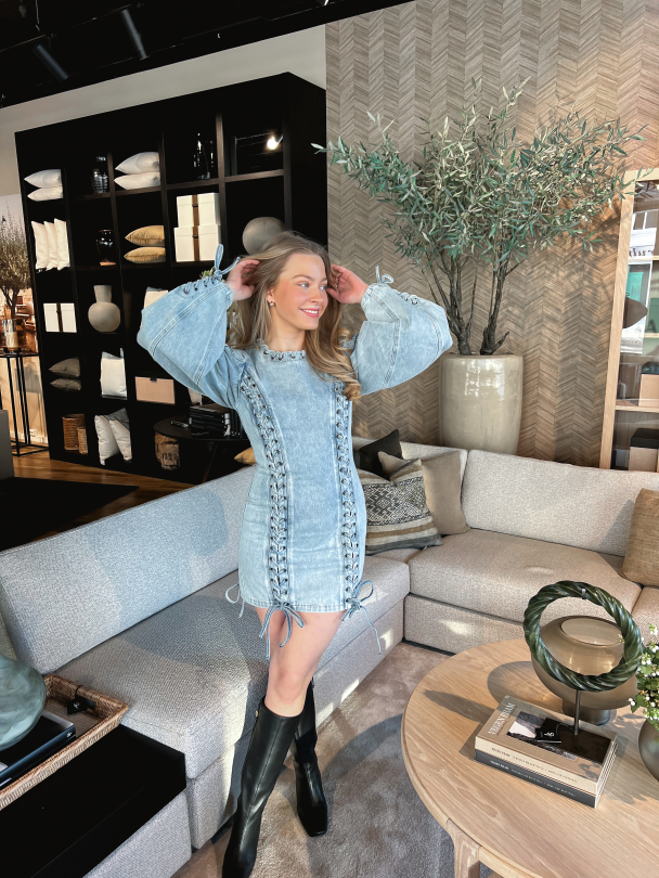 Denim Laced Mini Dress - Light Blue Denim - Image 6