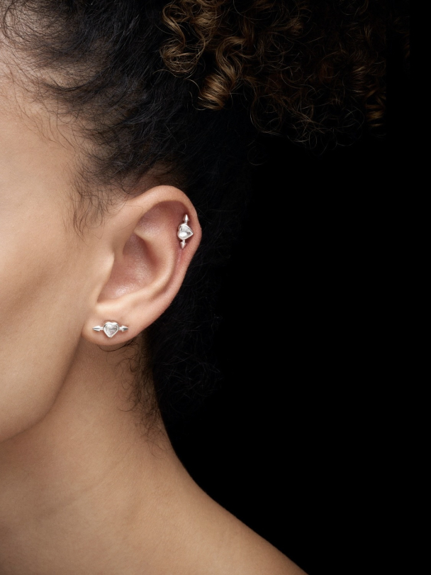 Pierced Heart Ear Stud - Silver - Clear Quartz  - Image 1