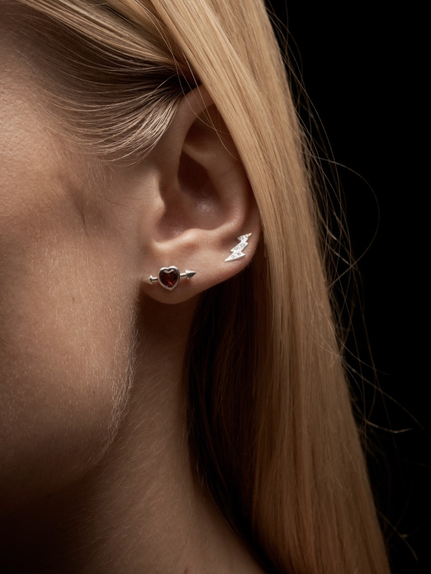 Pierced Heart Ear Stud - Silver - Red Garnet - Image 1