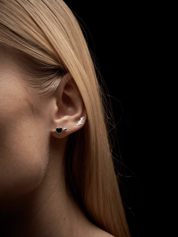 Pierced Heart Ear Stud - Silver - Black Spinel - Image 1