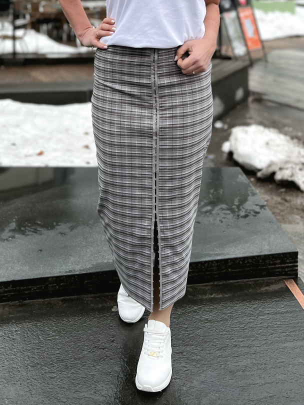 Stretchy Pencil Skirt - Gray Check + Frost - Image 1