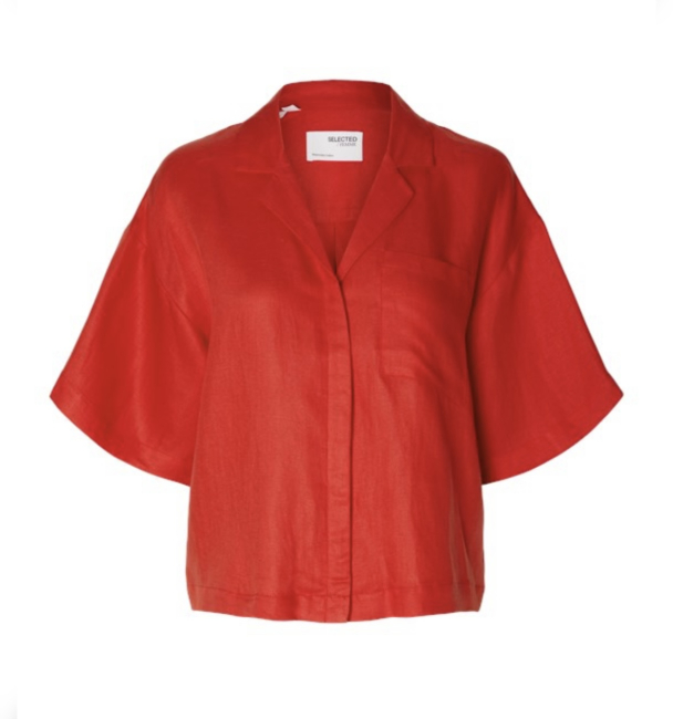 Lyra 2/4 Boxy Revers Linen Shirt - Flame Scarlet - Image 1