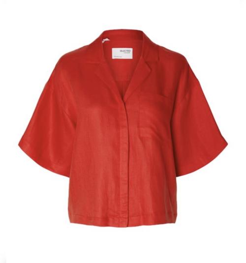 Lyra 2/4 Boxy Revers Linen Shirt - Flame Scarlet