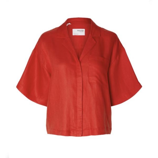 Lyra 2/4 Boxy Revers Linen Shirt - Flame Scarlet