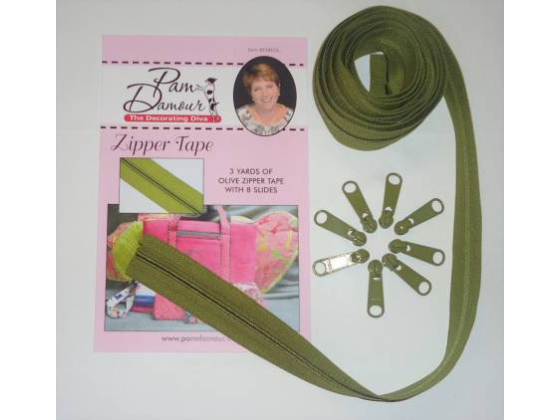  ENR-OL 3 yards of Reversible Coil Zipper Tape with 8 Slides Olive