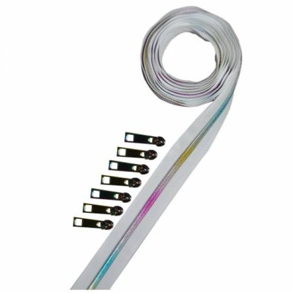 WHT-MU  Metallic Zipper Tape White Rainbow