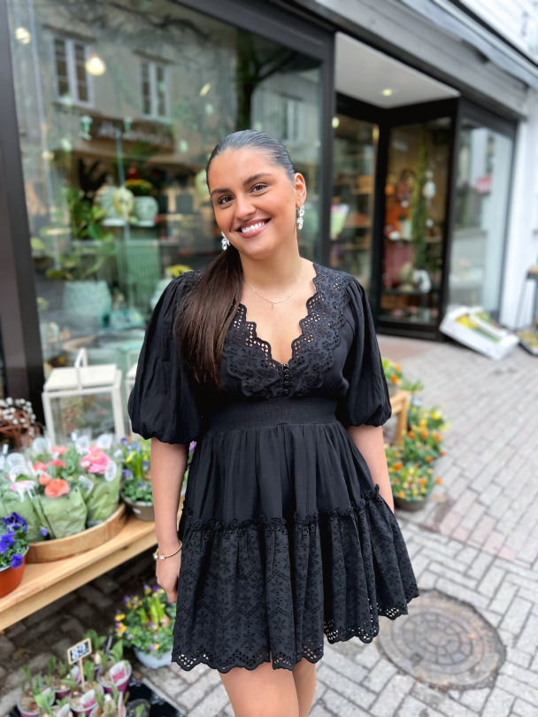 Cotton Slub Embroidery Dress - Black - Image 2