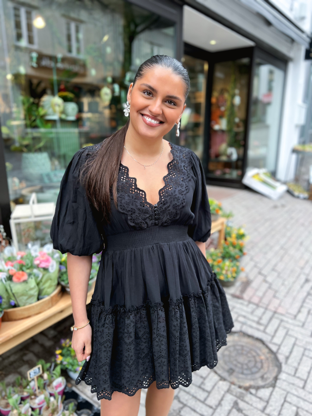 Cotton Slub Embroidery Dress - Black - Image 3