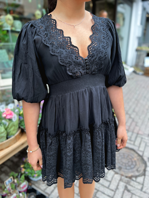 Cotton Slub Embroidery Dress - Black - Image 1