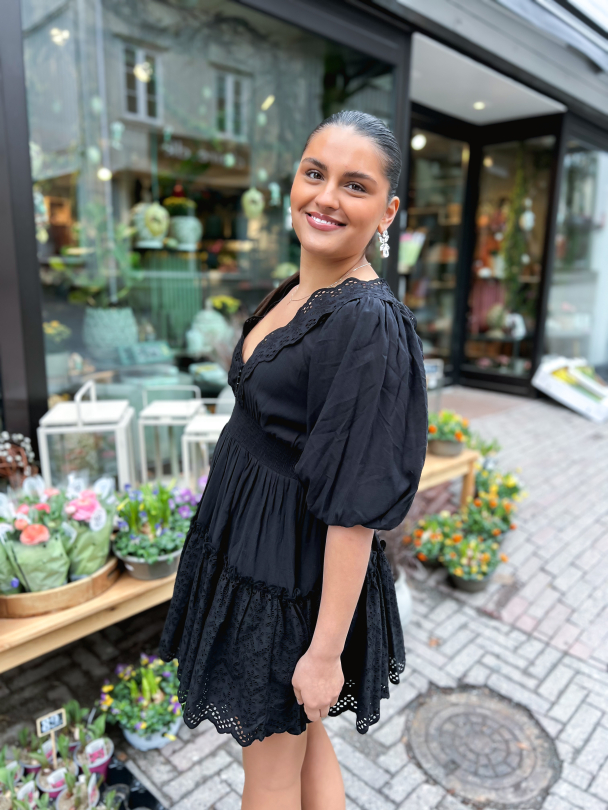 Cotton Slub Embroidery Dress - Black - Image 4