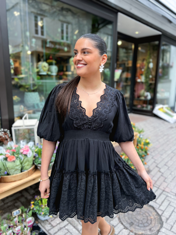 Cotton Slub Embroidery Dress - Black - Image 5