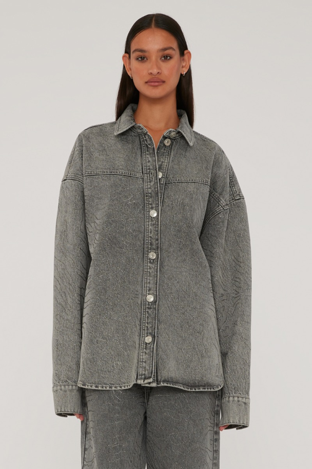 Rhinestone Denim Shirt - Grey - Image 2