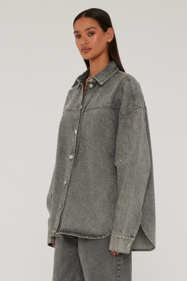 Rhinestone Denim Shirt - Grey - Image 3