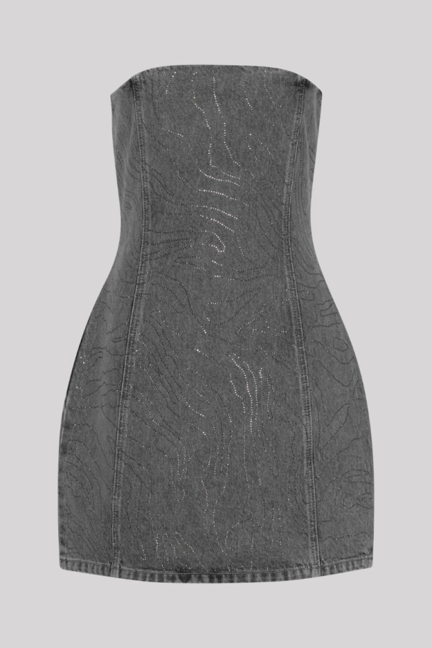 Rhinestone Denim Dress - Grey - Image 2