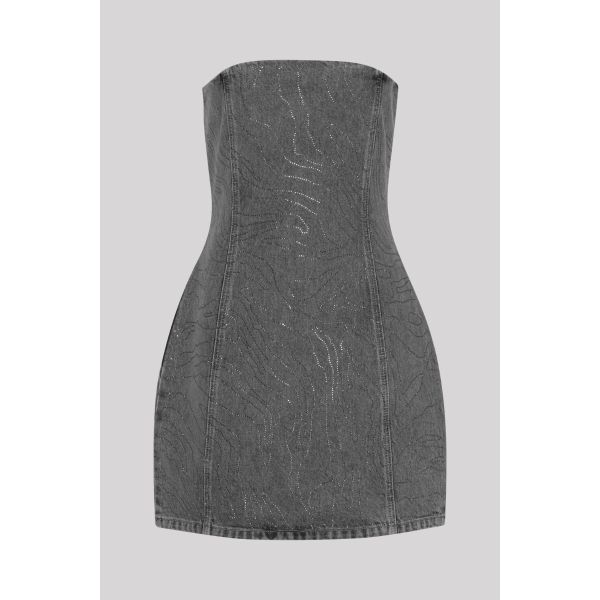 Rhinestone Denim Dress - Grey