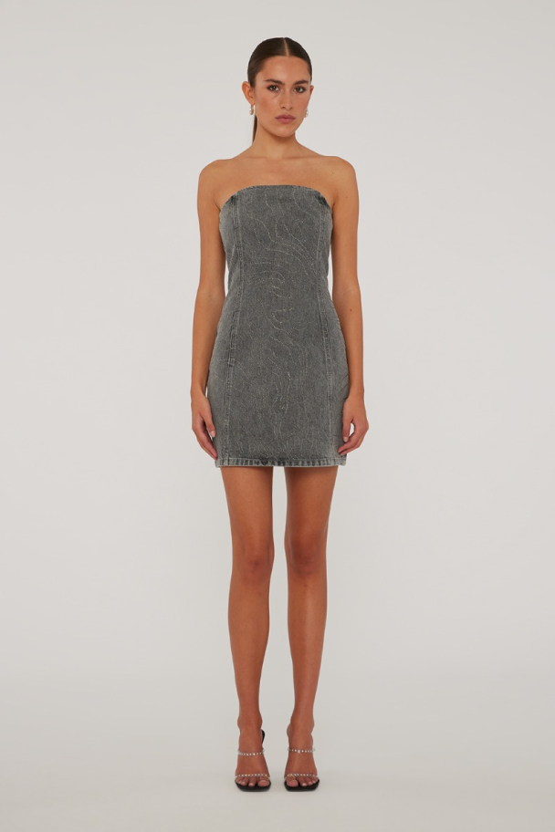 Rhinestone Denim Dress - Grey - Image 3