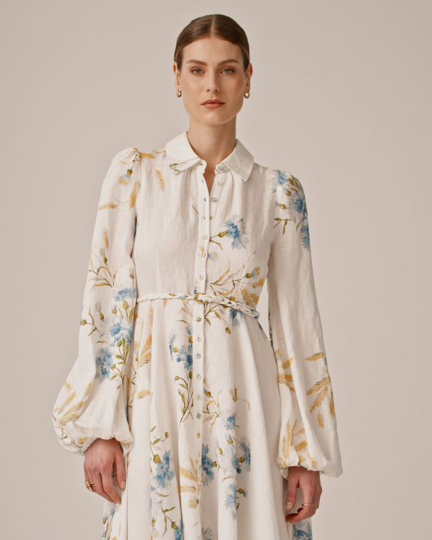 Linen Collared Midi Dress - Blue Straw - Image 2