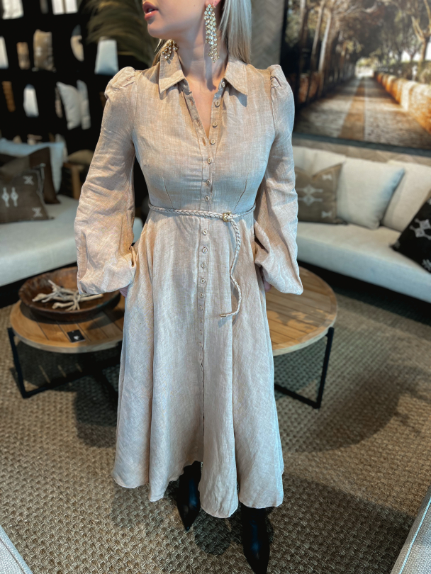 Linen Collared Midi Dress - Beige Melange - Image 1
