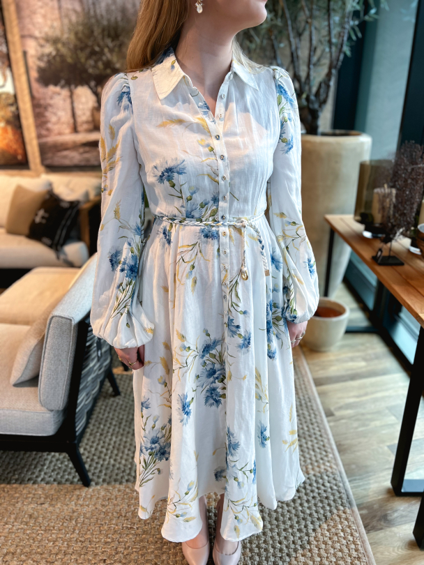 Linen Collared Midi Dress - Blue Straw - Image 1