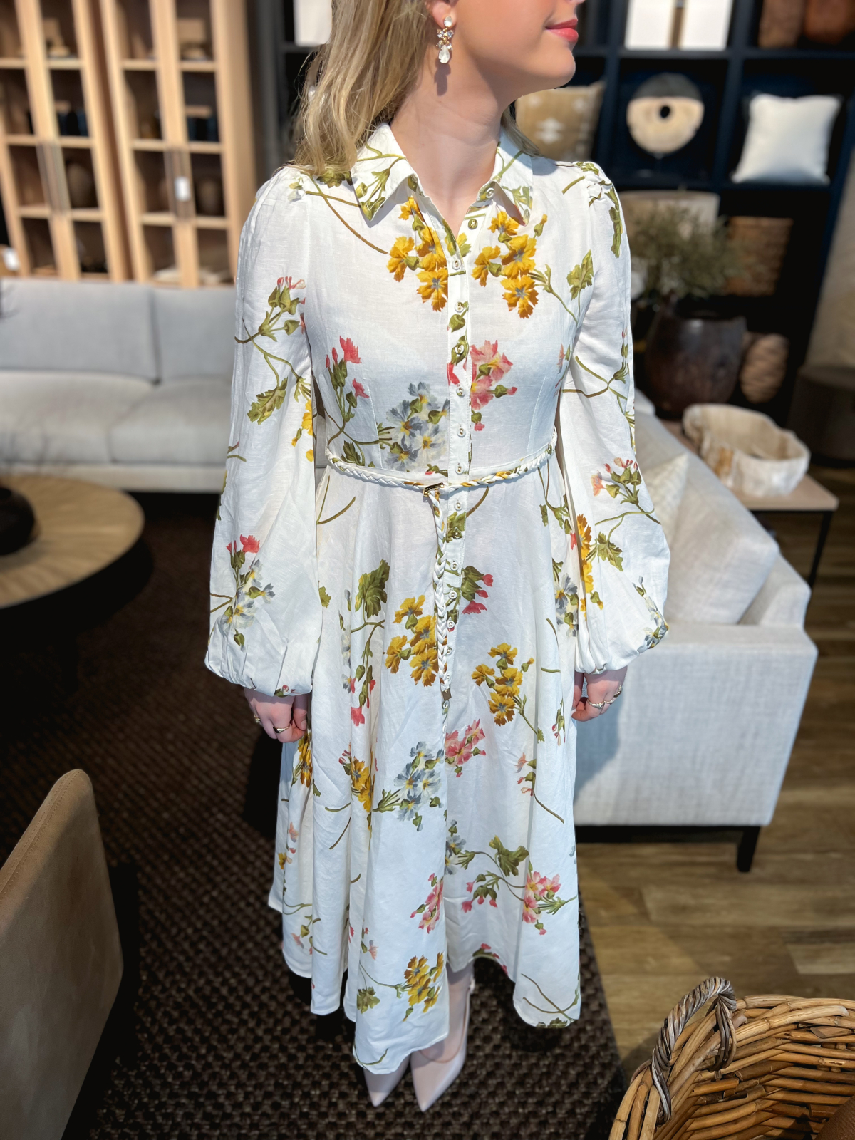 chinese dress ladies Women's Lake A-Line Collared Neck Linen Cotton Midi Dress S/M/L/Customize Beige/White Mean Blvd Beige / M main image 1