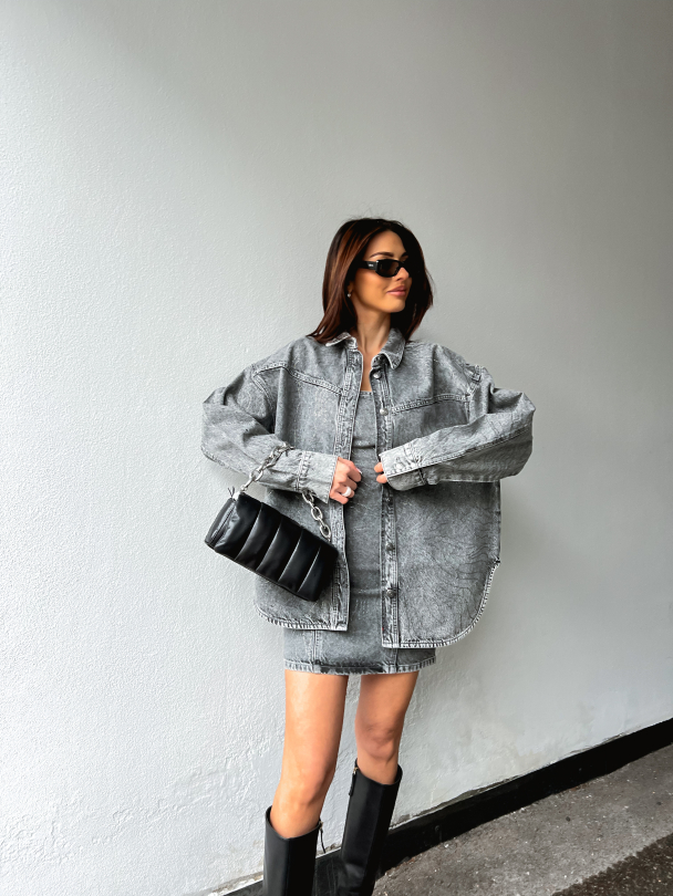 Rhinestone Denim Shirt - Grey - Image 7