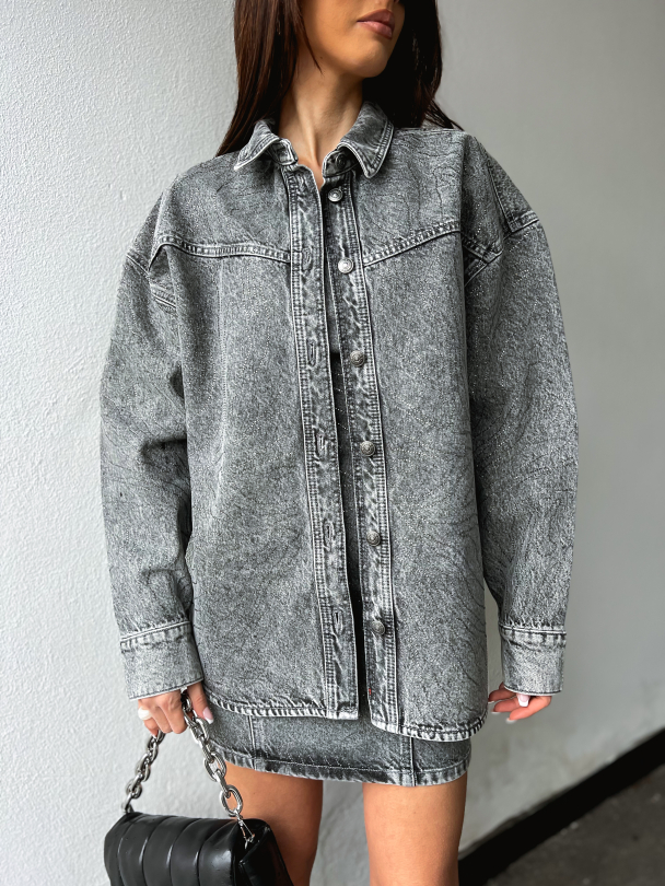 Rhinestone Denim Shirt - Grey - Image 1