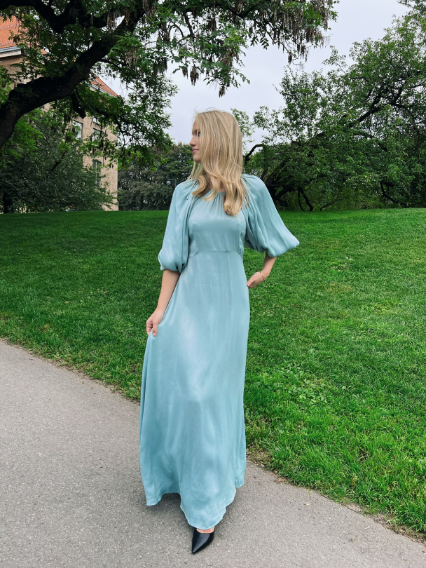 Crepe Satin Maxi Dress -  Turquoise - Image 2