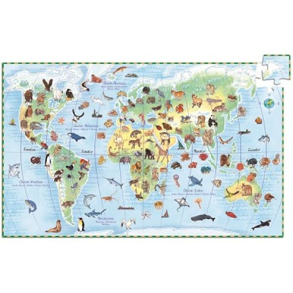 Puslespill, kart og verdens dyr - 100 biter 