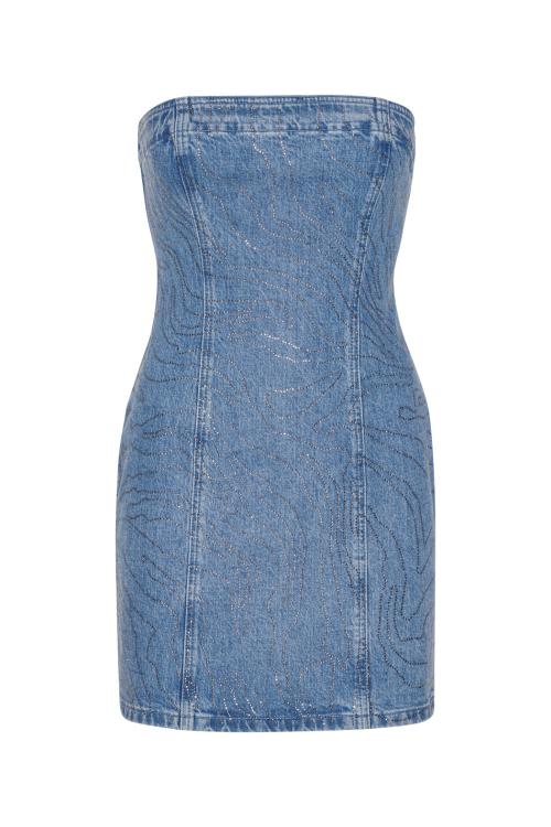 Rhinestone Denim Dress - Light Blue Denim