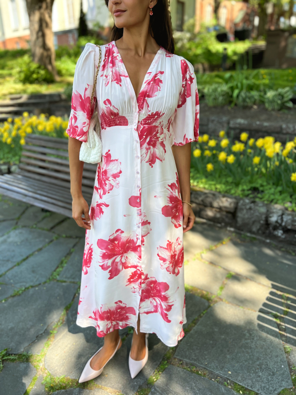 Satin Button Down Dress - Hibiscus - Image 1