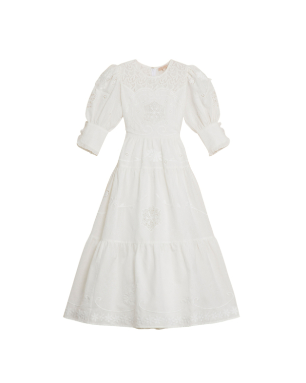 Linen Embroidery Gown - White - Image 2